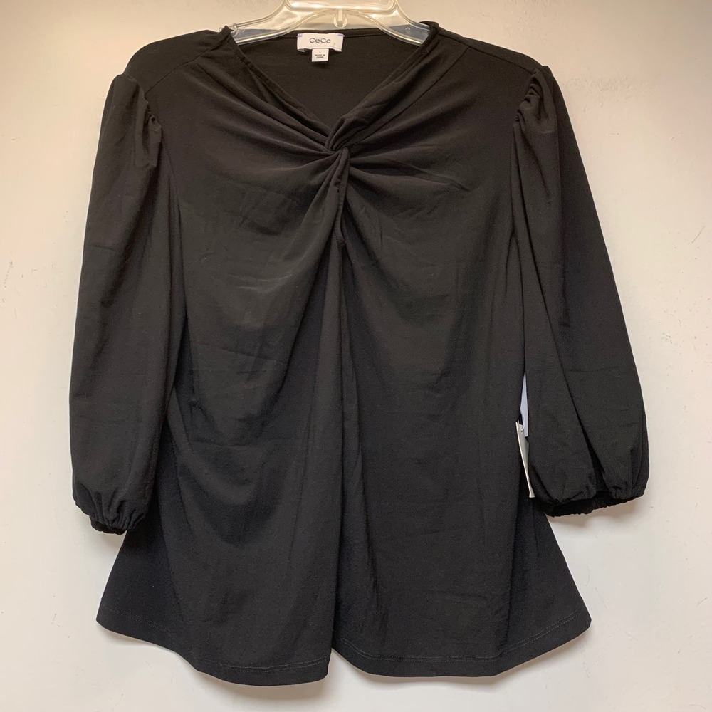CeCe Twist Front Blouse Womens Large Black NWT Puff Sleeve Crepe Top 7065606